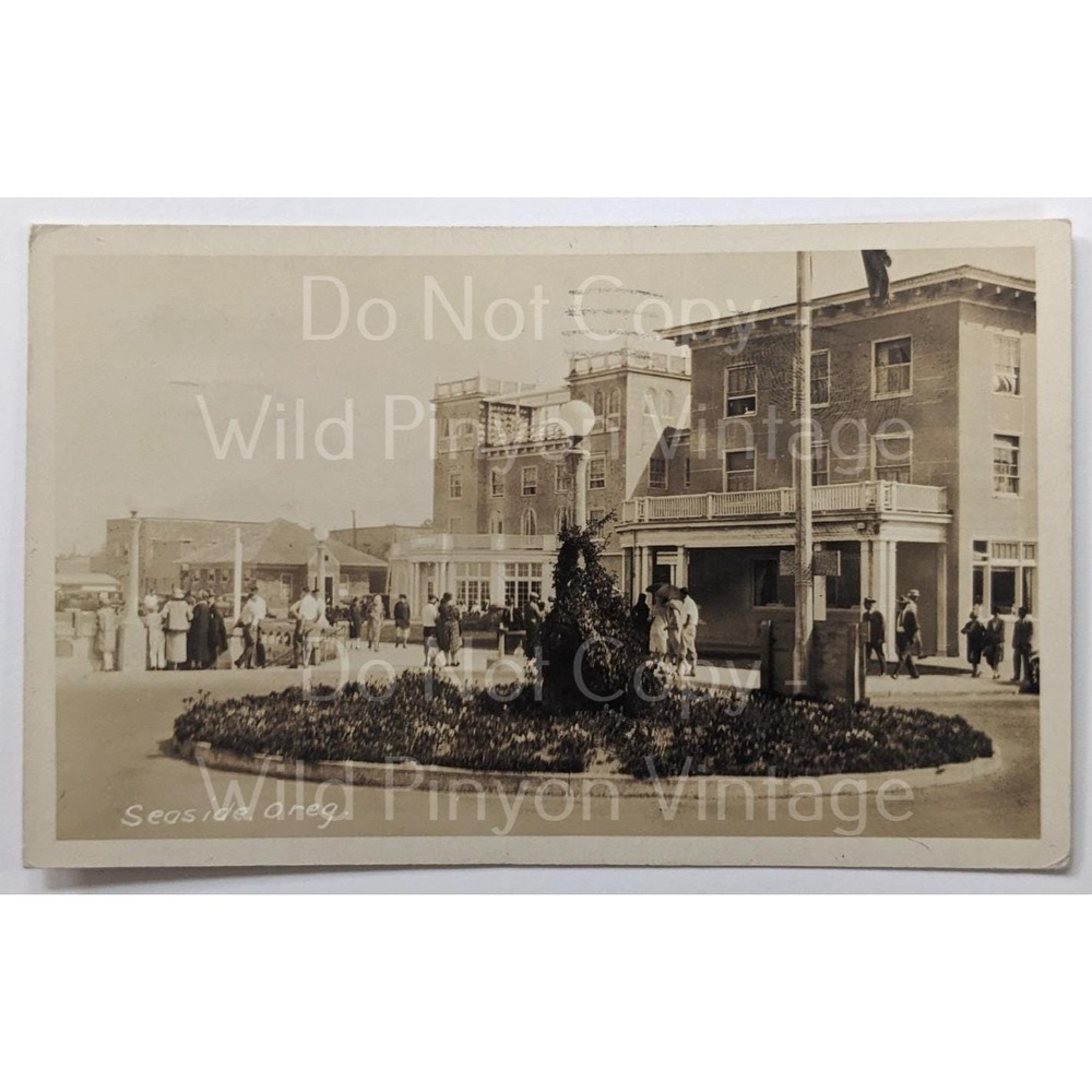Seaside Oregon RPPC Downtown Street Scene Hotel Crowds c1909 Real Photo Postcard